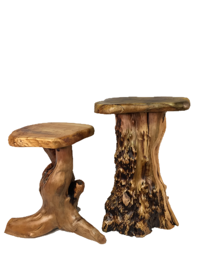 FUNCTIONAL ART is the best way to describe Greener Valley's stunning collection of stumps and roots that have been handcrafted into beautiful wine holders, cheese boards, platters, bowls and stools. Handcrafted from the roots and stumps of the Asian Cypress known as Shan Mu. These beautiful stools function equally well as a stool, end table or plant stand. Each piece is absolutely unique. This stool measures 24" high.