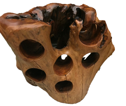 Hand-crafted root wood live edge wine holder for 6 bottles made from Asian Cypress stump